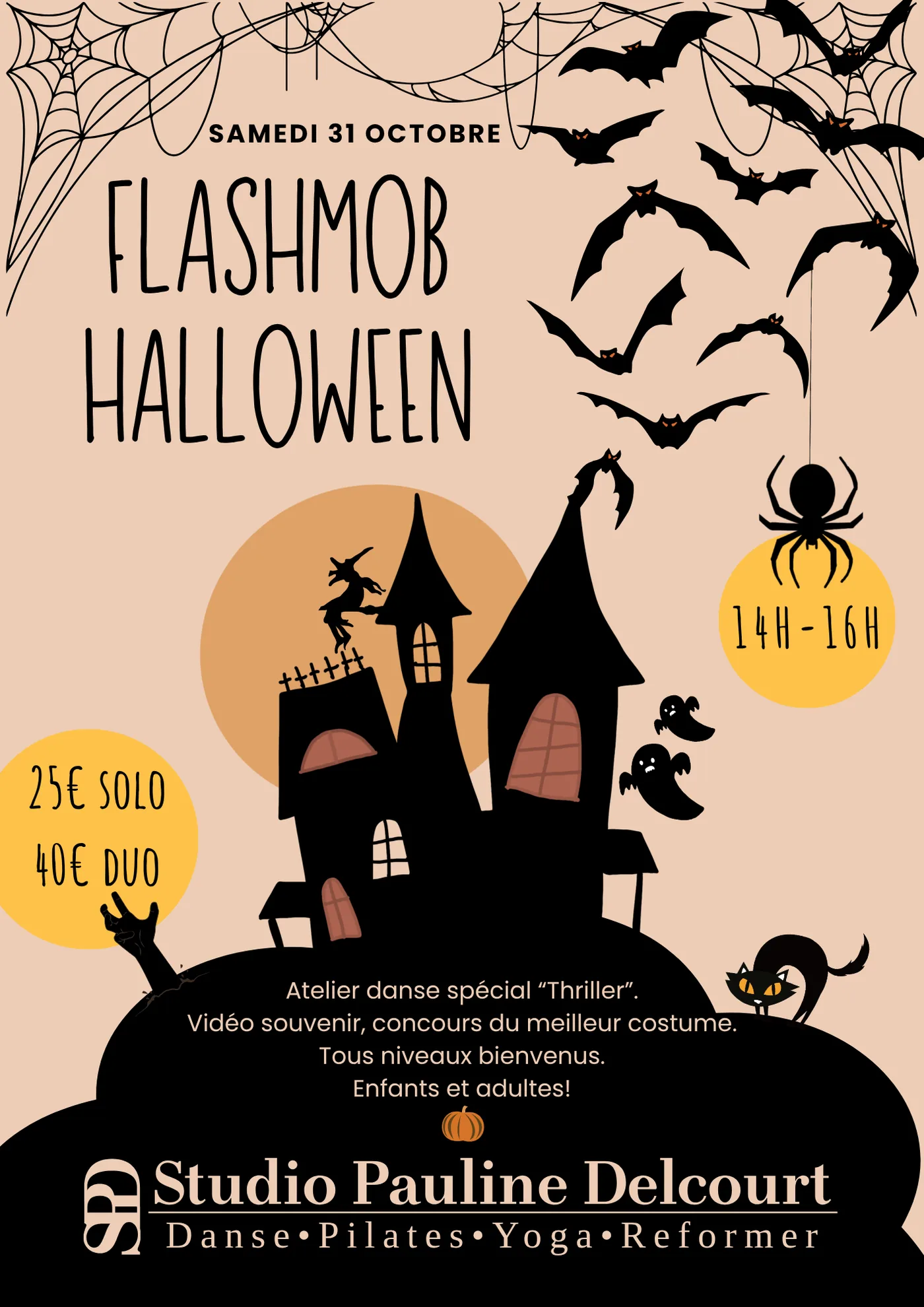Affiche du Flashmob Halloween : samedi 31 octobre, 14h-16h, 25 € solo, 40 € duo. Atelier danse spécial Thriller, vidéo souvenir et concours du meilleur costume, tous niveaux, enfants et adultes.